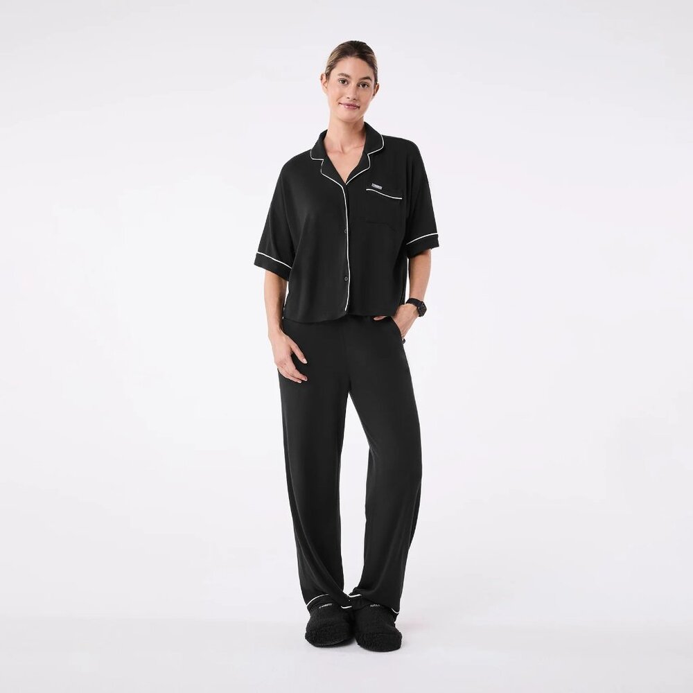 FIGS Black Pima Cotton Modal Pajama Set Short Sleeve Wide‎ Leg 1001494 Womens M